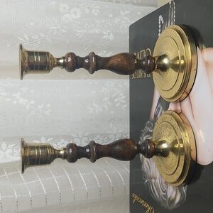 Vintage Collectable Brass & Wood Tapered Candlestick Holders Set of 2